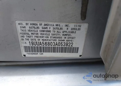 2003 Acura Tl 3.2 Type S z USA, uszkodzony, nr VIN 19UUA56803A053922